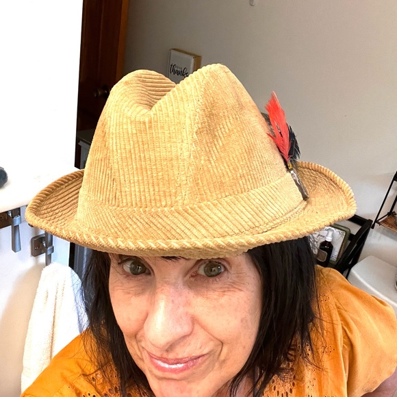 1960’s Golden Brown Corduroy Fedora with Feathers &. Embellished Glass Button - Picture 2 of 9